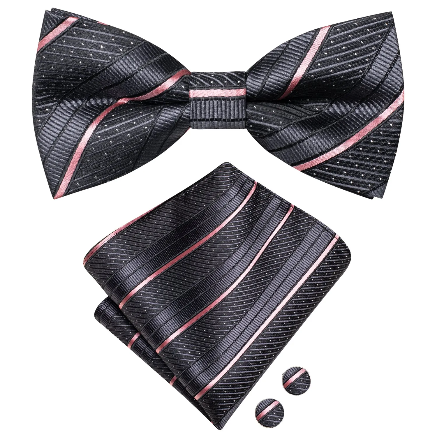 Hi-Tie Black Pink Striped Silk Pre-tied Bow Tie Hanky Cufflinks Set