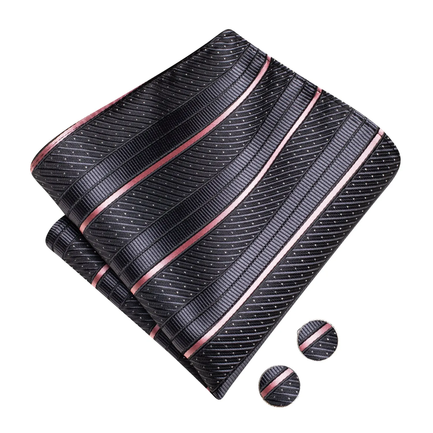 Hi-Tie Black Pink Striped Silk Pre-tied Bow Tie Hanky Cufflinks Set