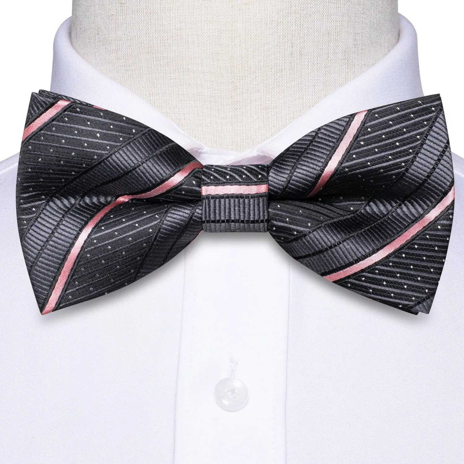 Hi-Tie Black Pink Striped Silk Pre-tied Bow Tie Hanky Cufflinks Set