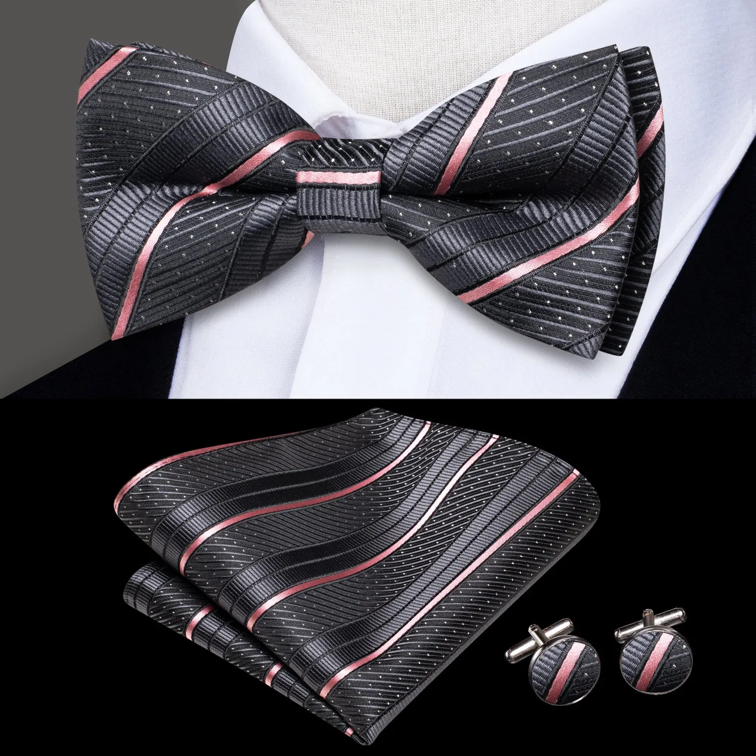 Hi-Tie Black Pink Striped Silk Pre-tied Bow Tie Hanky Cufflinks Set