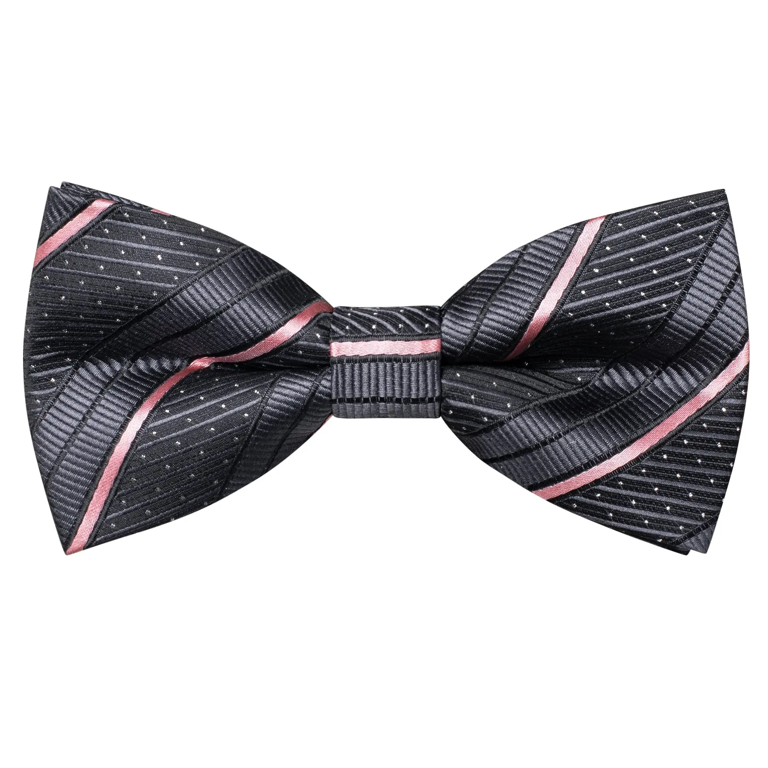 Hi-Tie Black Pink Striped Silk Pre-tied Bow Tie Hanky Cufflinks Set