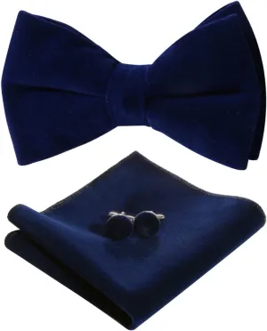 HOULIFE Men's Pre-tied Bowties Velvet Solid Color Adjustable Bow Tie and Pocket Square with Cufflinks for Wedding Party