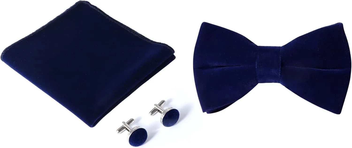 HOULIFE Men's Pre-tied Bowties Velvet Solid Color Adjustable Bow Tie and Pocket Square with Cufflinks for Wedding Party