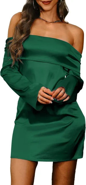 HYPERFIRE Women's Elegant Satin Off The Shoulder Long Sleeve Mini Dress Tie Back Wedding Cocktail Dresses