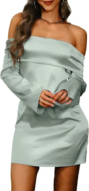 HYPERFIRE Women's Elegant Satin Off The Shoulder Long Sleeve Mini Dress Tie Back Wedding Cocktail Dresses