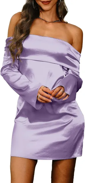 HYPERFIRE Women's Elegant Satin Off The Shoulder Long Sleeve Mini Dress Tie Back Wedding Cocktail Dresses