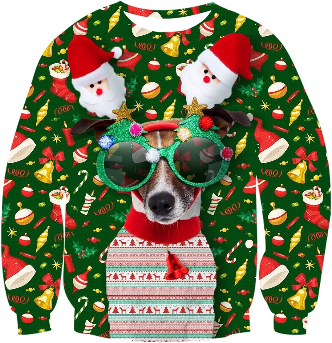 Idgreatim Unisex Ugly Christmas Crewneck Sweatshirt Novelty 3D Graphic Long Sleeve Sweater Shirt