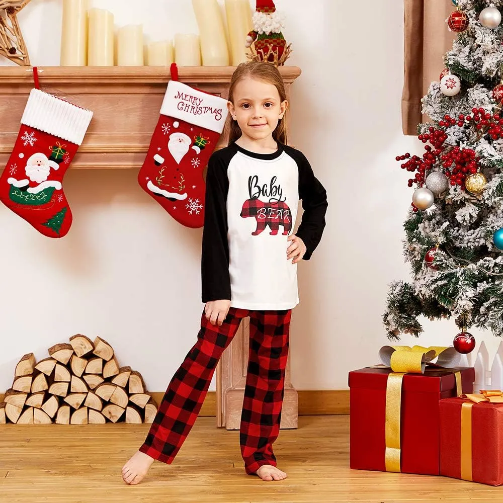 IFFEI Matching Family Pajamas Sets Christmas PJ's Letter Print Top and Plaid Bottom Sleepwear Jammies with Pockets