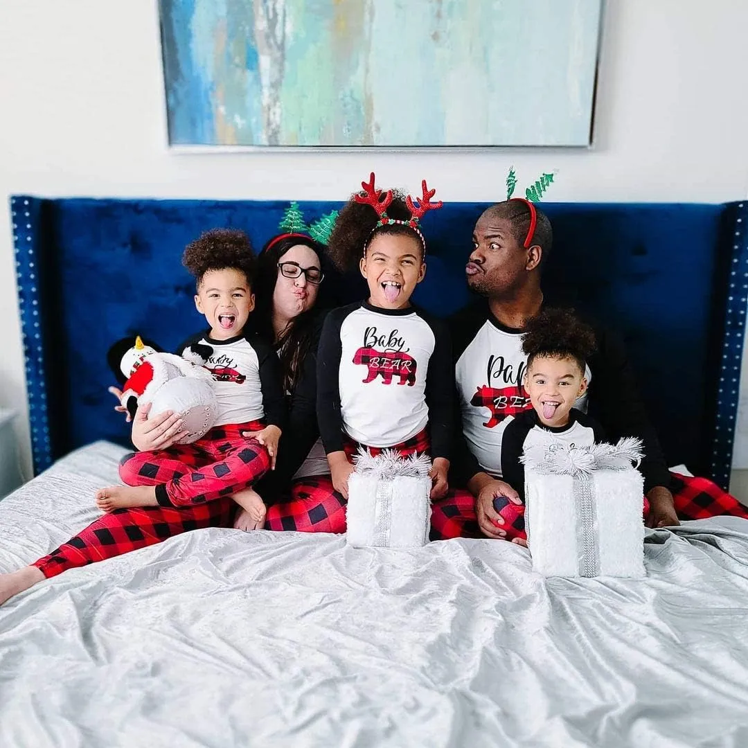 IFFEI Matching Family Pajamas Sets Christmas PJ's Letter Print Top and Plaid Bottom Sleepwear Jammies with Pockets