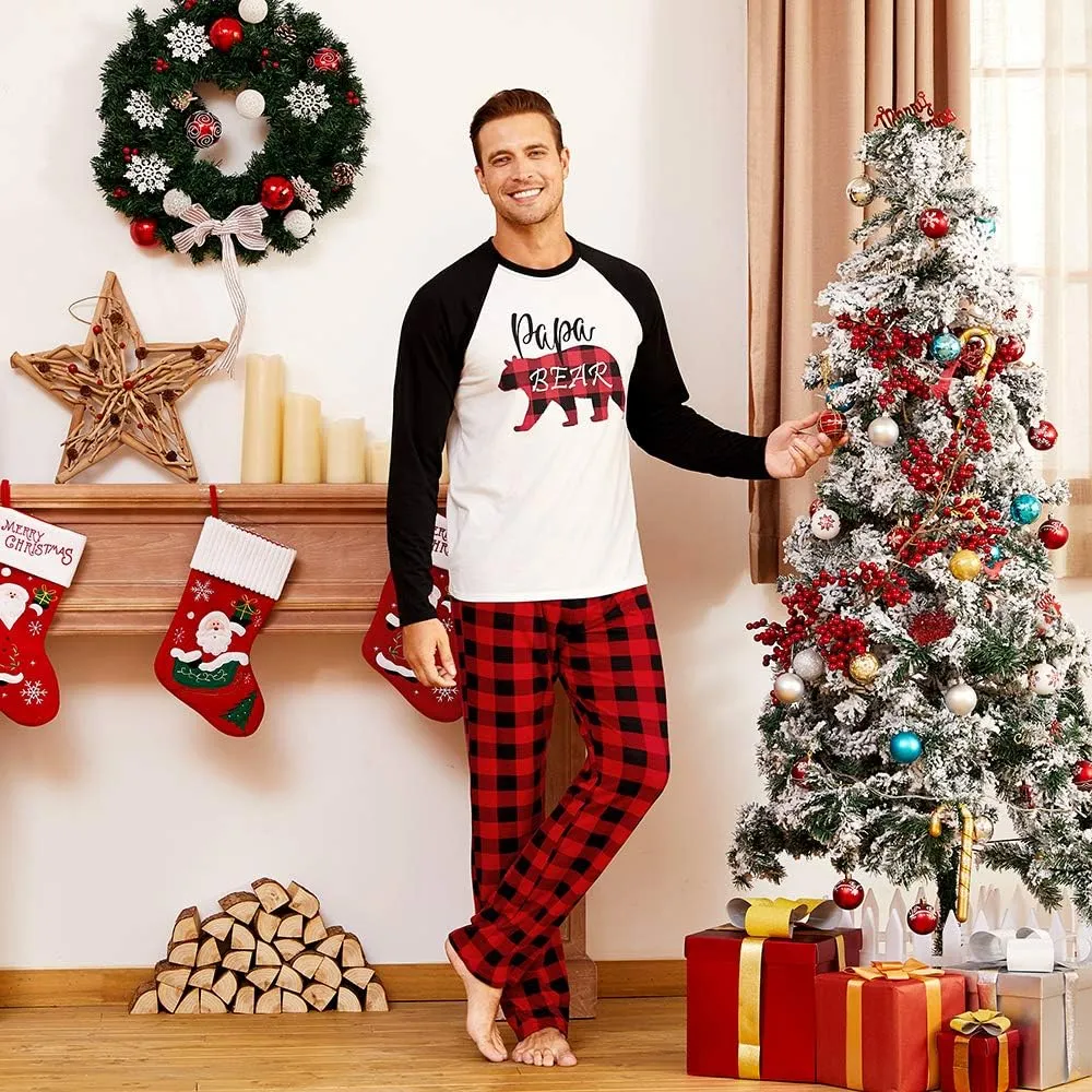 IFFEI Matching Family Pajamas Sets Christmas PJ's Letter Print Top and Plaid Bottom Sleepwear Jammies with Pockets