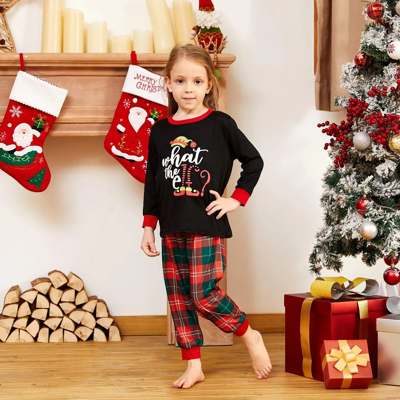 IFFEI Matching Family Pajamas Sets Christmas PJ's Letter Print Top and Plaid Bottom Sleepwear Jammies with Pockets