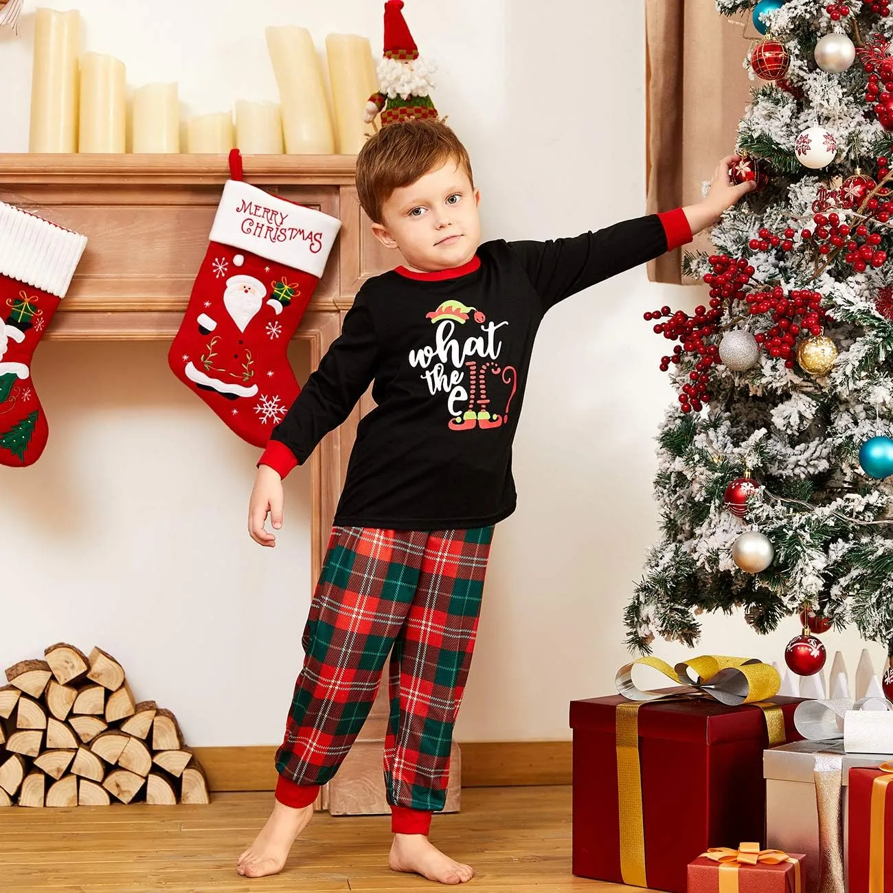 IFFEI Matching Family Pajamas Sets Christmas PJ's Letter Print Top and Plaid Bottom Sleepwear Jammies with Pockets