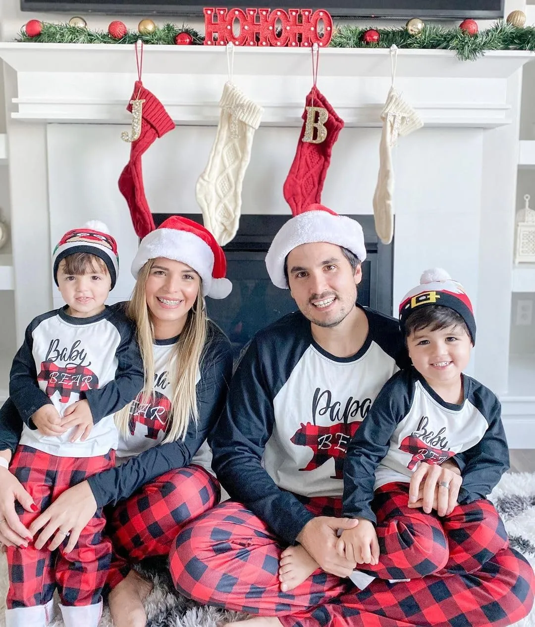 IFFEI Matching Family Pajamas Sets Christmas PJ's Letter Print Top and Plaid Bottom Sleepwear Jammies with Pockets