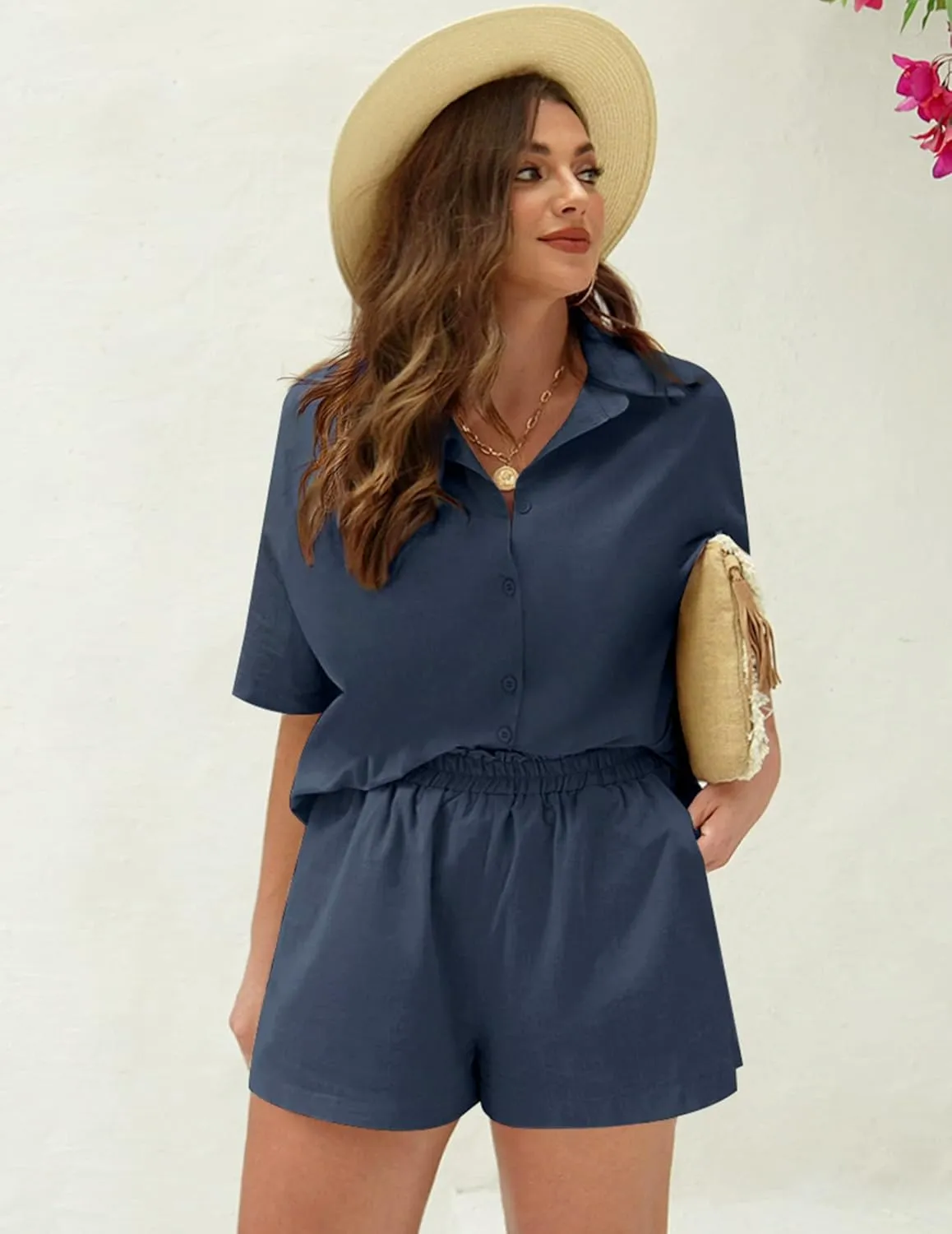 IN'VOLAND Women's Plus Size 2 Piece Tracksuit Outfits Sets Cotton Linen Sets Short Sleeve Shirt Summer Casual Shorts Set