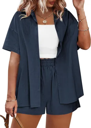 IN'VOLAND Women's Plus Size 2 Piece Tracksuit Outfits Sets Cotton Linen Sets Short Sleeve Shirt Summer Casual Shorts Set