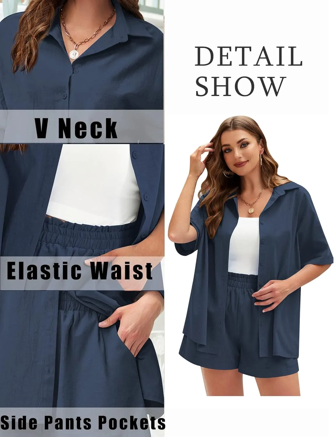 IN'VOLAND Women's Plus Size 2 Piece Tracksuit Outfits Sets Cotton Linen Sets Short Sleeve Shirt Summer Casual Shorts Set
