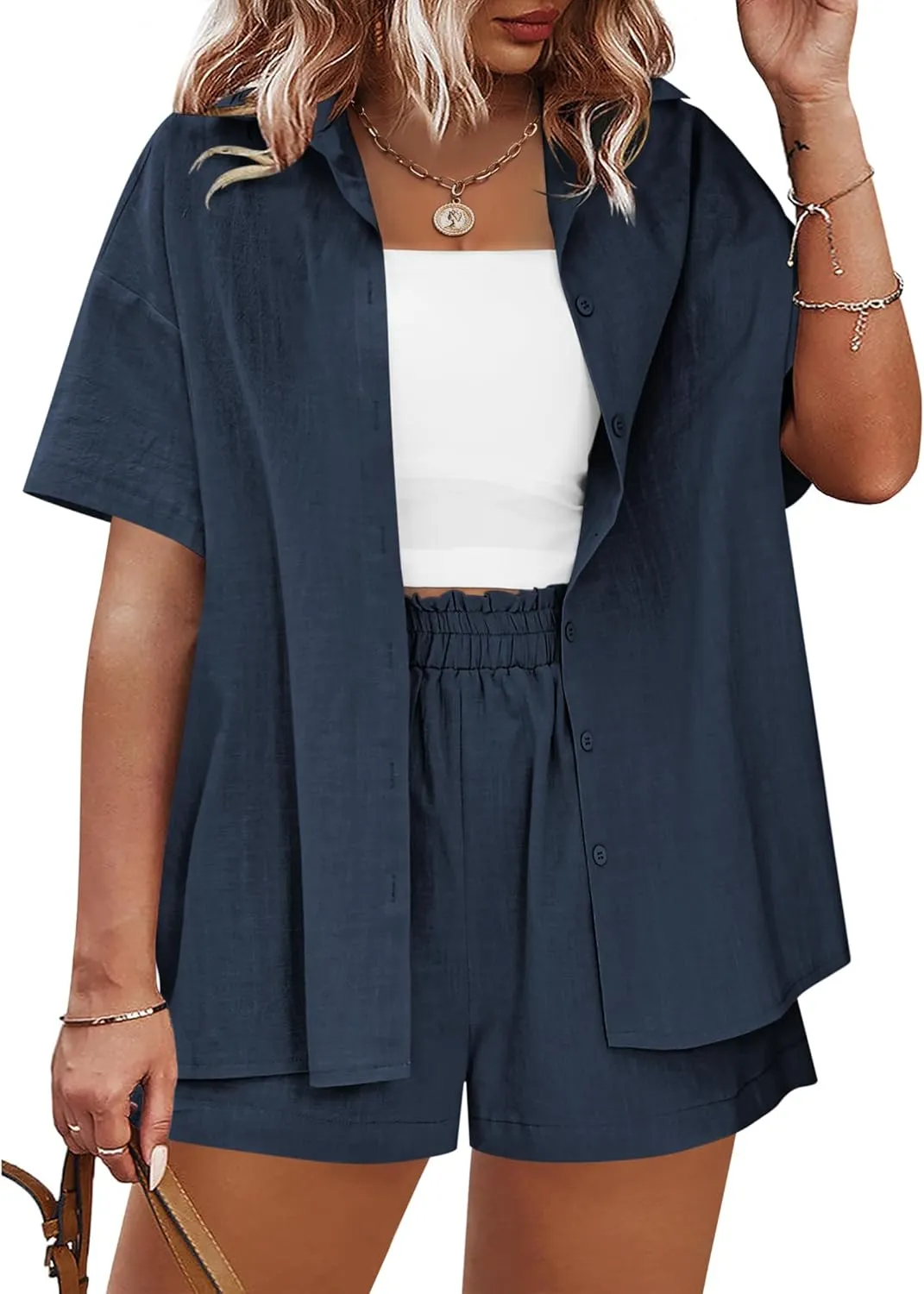 IN'VOLAND Women's Plus Size 2 Piece Tracksuit Outfits Sets Cotton Linen Sets Short Sleeve Shirt Summer Casual Shorts Set