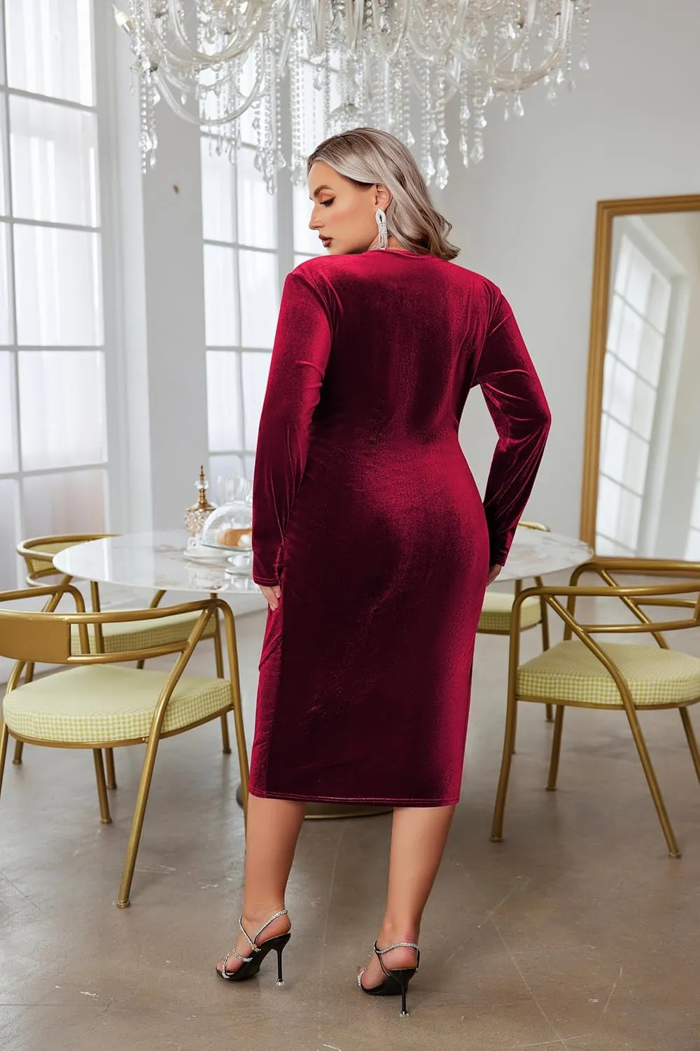 IN'VOLAND Womens Plus Size Long Sleeve Velvet Bodycon Dresses Ruched Wrap V Neck Cocktail Party Dress