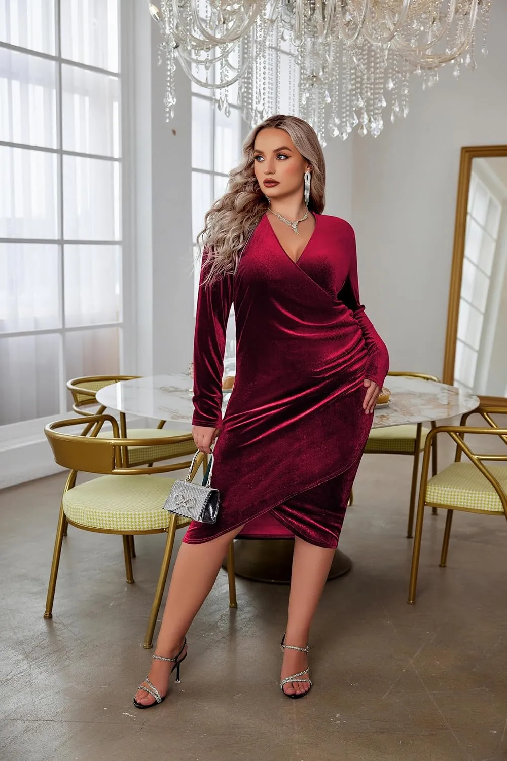 IN'VOLAND Womens Plus Size Long Sleeve Velvet Bodycon Dresses Ruched Wrap V Neck Cocktail Party Dress