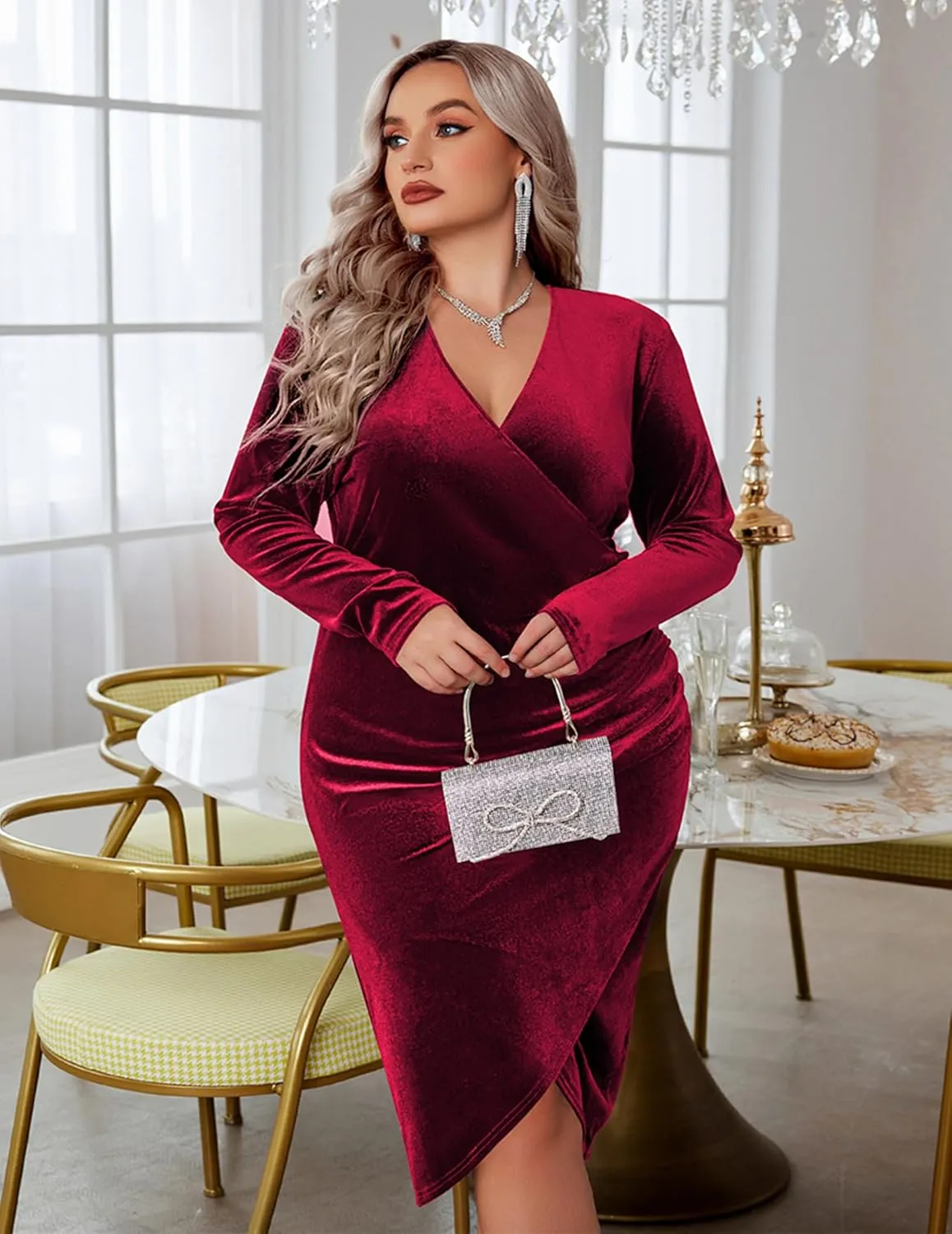 IN'VOLAND Womens Plus Size Long Sleeve Velvet Bodycon Dresses Ruched Wrap V Neck Cocktail Party Dress