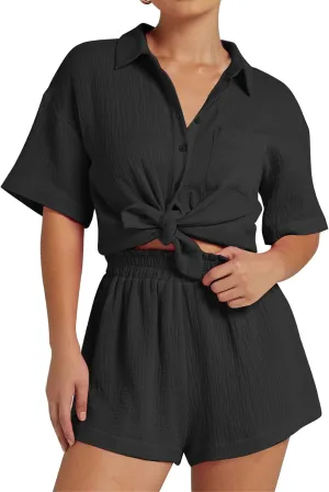 Kissonic Women's 2 Piece Outfits Track Suits Matching Sets Loungewear for Vacation Button Down Shirt and Shorts Set