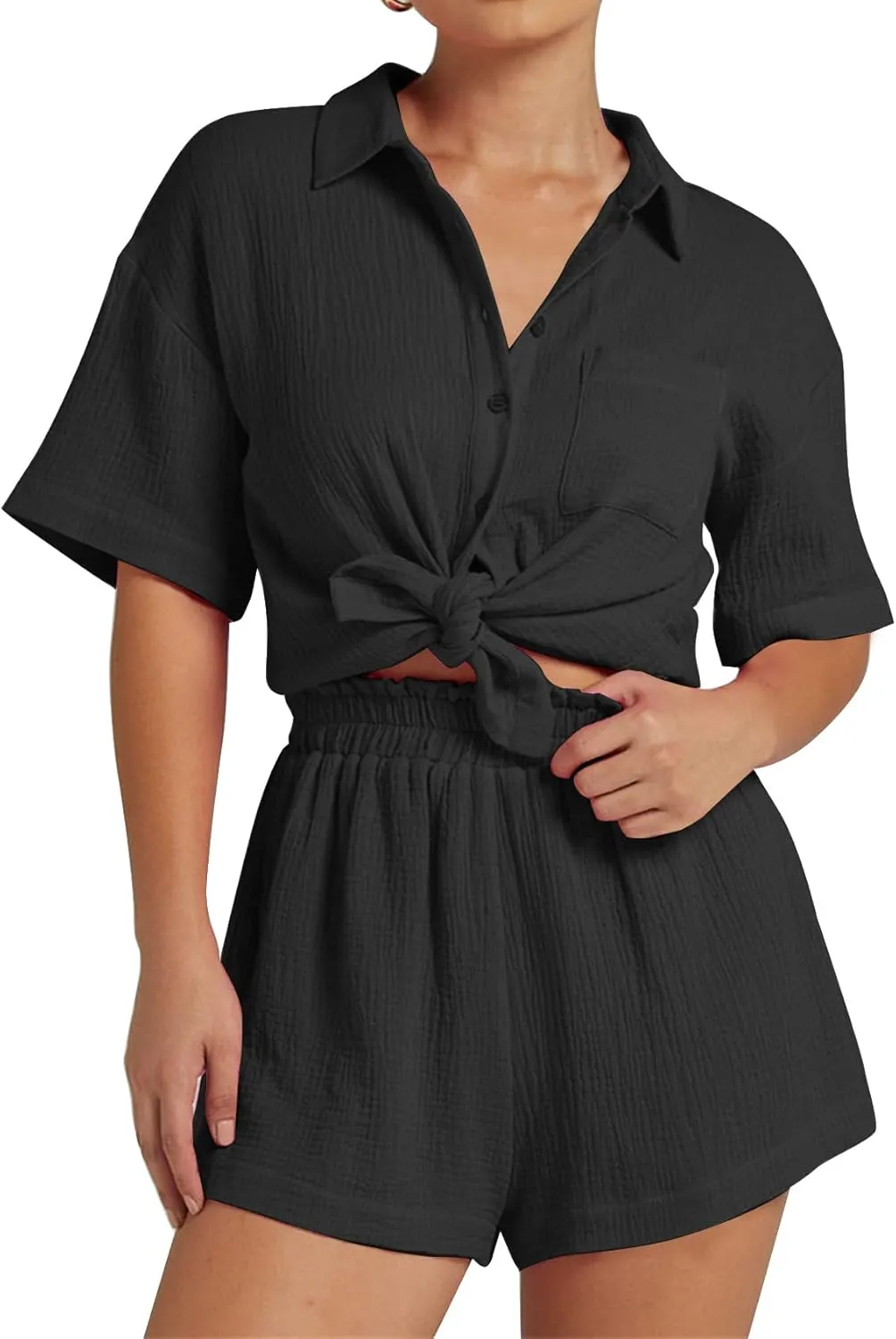 Kissonic Women's 2 Piece Outfits Track Suits Matching Sets Loungewear for Vacation Button Down Shirt and Shorts Set