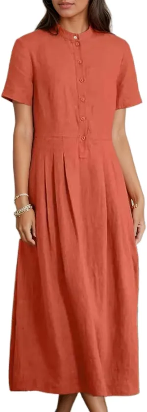 Linen Cotton Dress for Women Half Button Short Sleeve Stand Collar Pleated Maxi Shirt Dress with Pockets