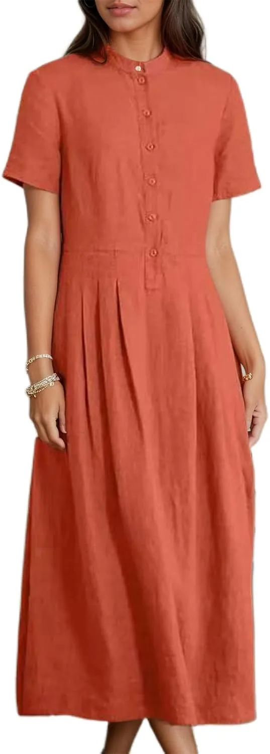 Linen Cotton Dress for Women Half Button Short Sleeve Stand Collar Pleated Maxi Shirt Dress with Pockets