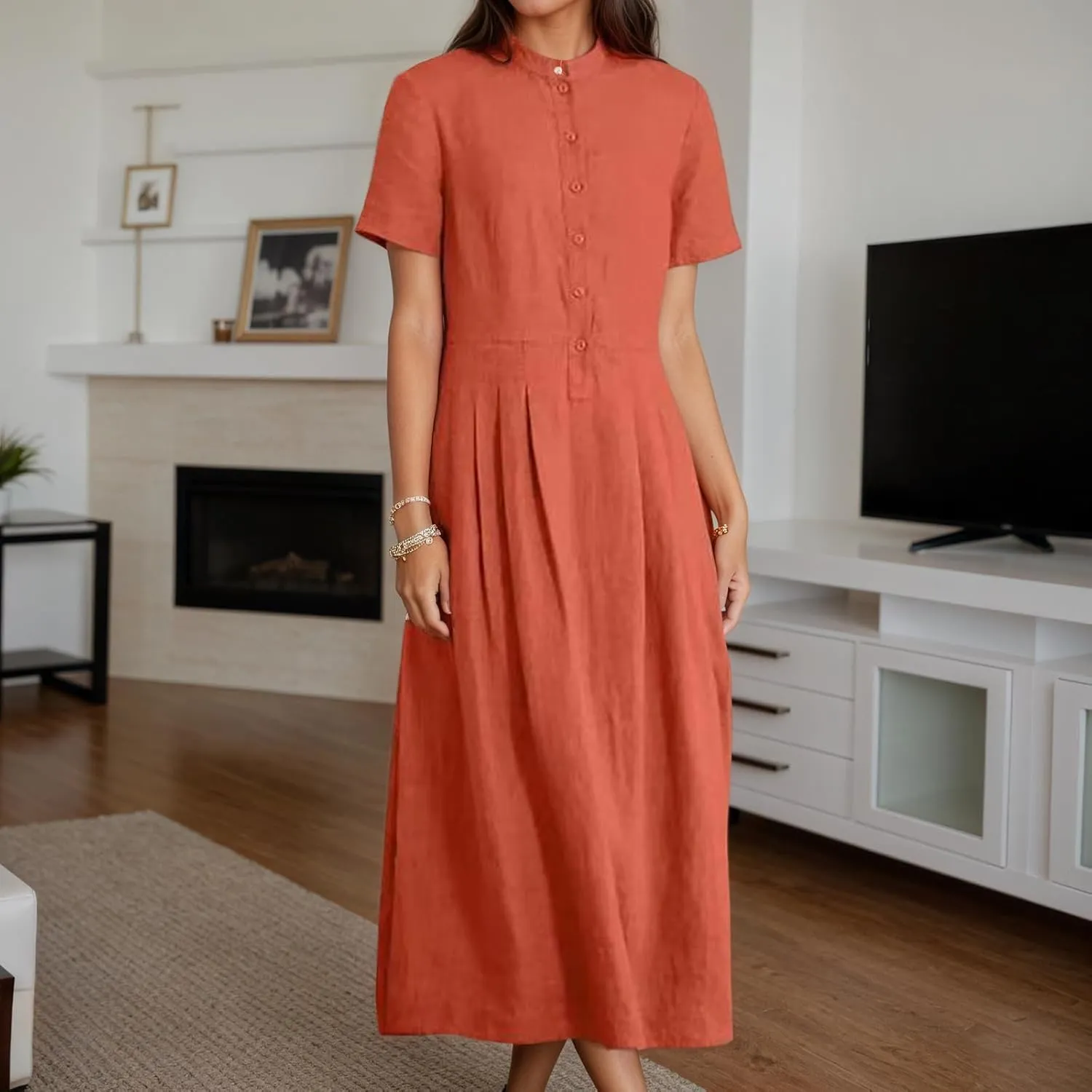 Linen Cotton Dress for Women Half Button Short Sleeve Stand Collar Pleated Maxi Shirt Dress with Pockets