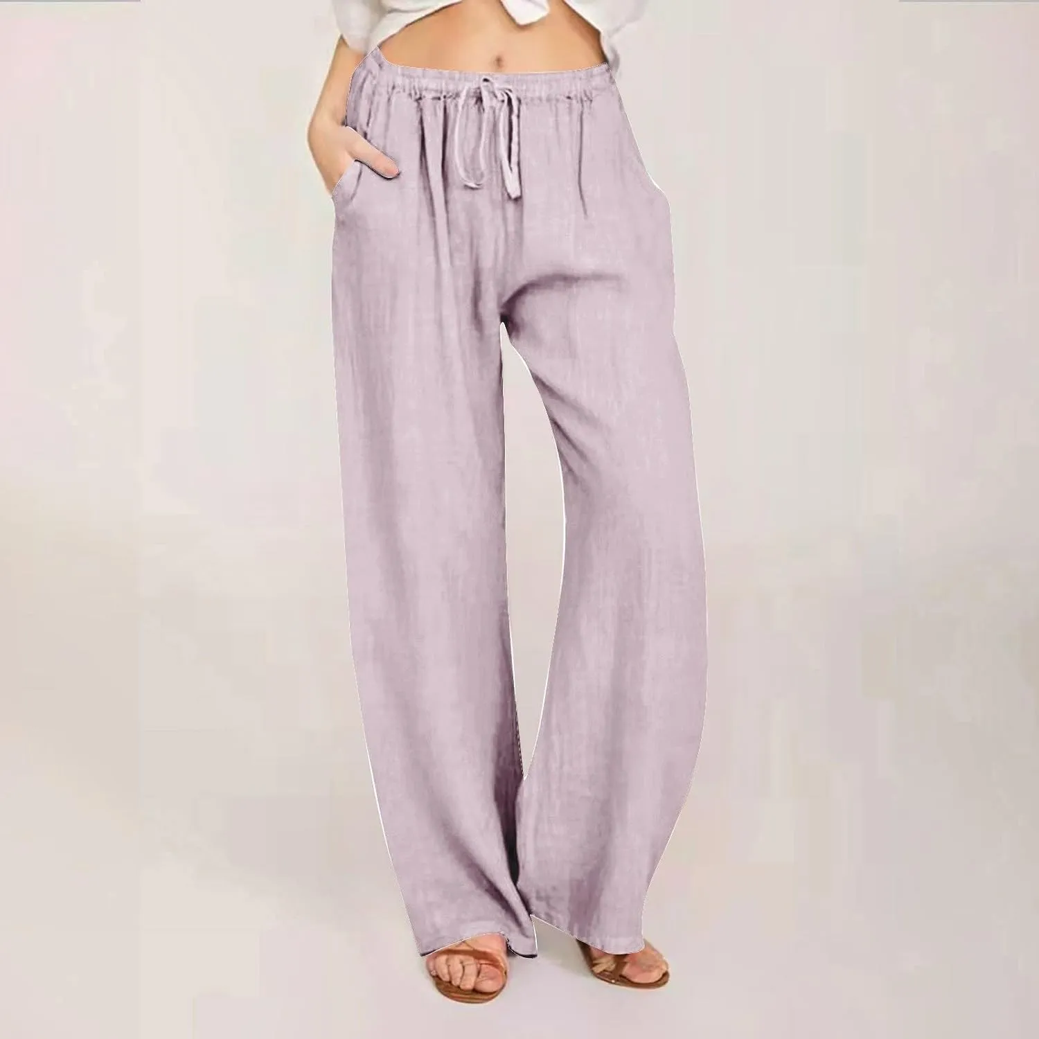 Linen Summer Pants Women 2024 Trendy Casual High Waist Drawstring Loose Fit Lightweight Long Palazzo Gauze Pants
