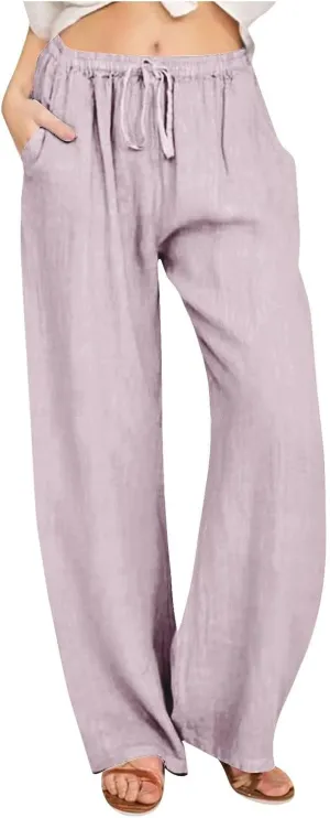 Linen Summer Pants Women 2024 Trendy Casual High Waist Drawstring Loose Fit Lightweight Long Palazzo Gauze Pants