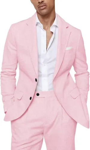 Men's 2 Piece Linen Suits Set Slim Fit Casual Lightweight Blazer Jacket and Pants Summer Beach Wedding