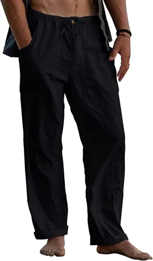 Mens Casual Linen Pants Loose Fit Wide Leg Pants Elastic Drawstring Waist Straight-Legs Summer Yoga Beach Long Pants