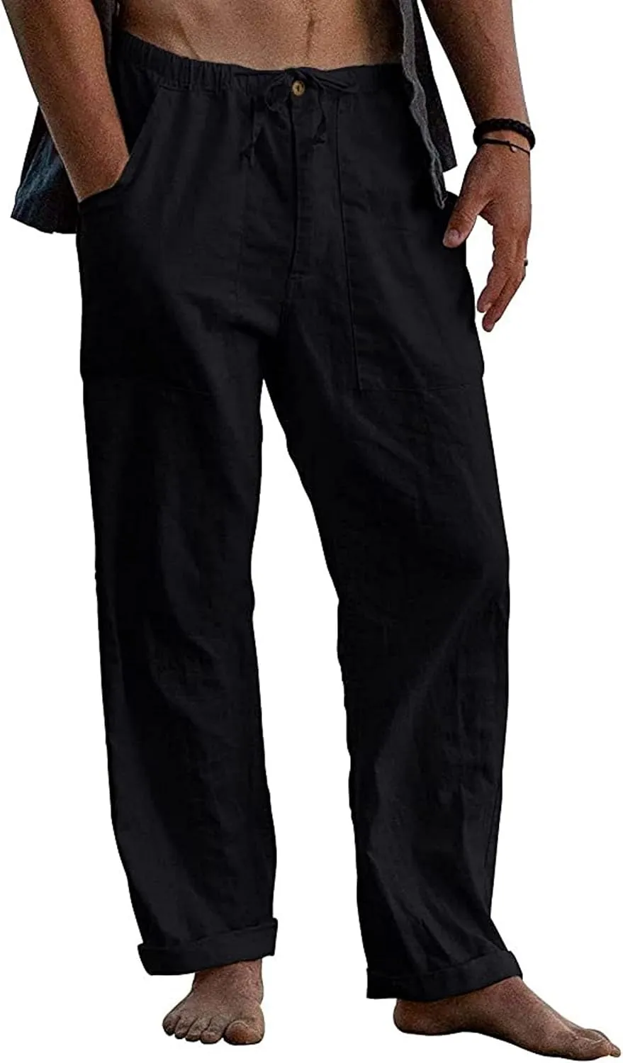 Mens Casual Linen Pants Loose Fit Wide Leg Pants Elastic Drawstring Waist Straight-Legs Summer Yoga Beach Long Pants