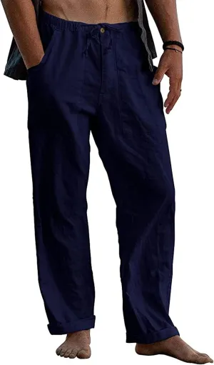 Mens Linen Pants Yoga Beach Loose Fit Casual Summer Elastic Waist Drawstring Wide Leg Baggy Pants Trousers for Men