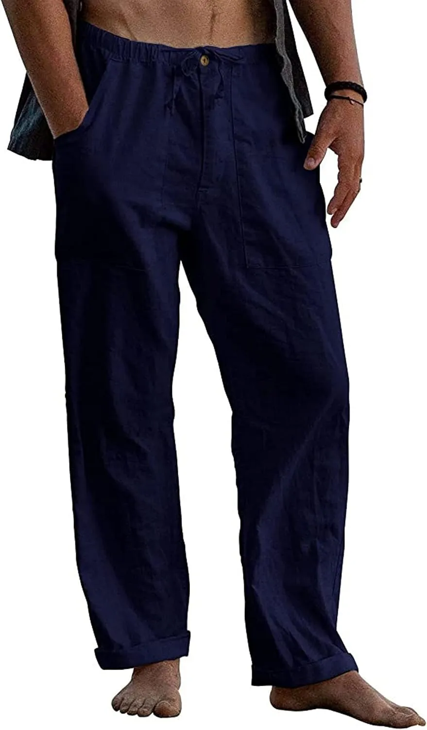 Mens Linen Pants Yoga Beach Loose Fit Casual Summer Elastic Waist Drawstring Wide Leg Baggy Pants Trousers for Men