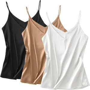 Miqieer Basic 3 Pack Women's Silk Tank Top Ladies V-Neck Camisole Silky Loose Sleeveless Blouse Tank Shirt with Soft Satin