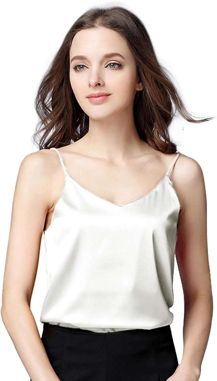 Miqieer Basic 3 Pack Women's Silk Tank Top Ladies V-Neck Camisole Silky Loose Sleeveless Blouse Tank Shirt with Soft Satin