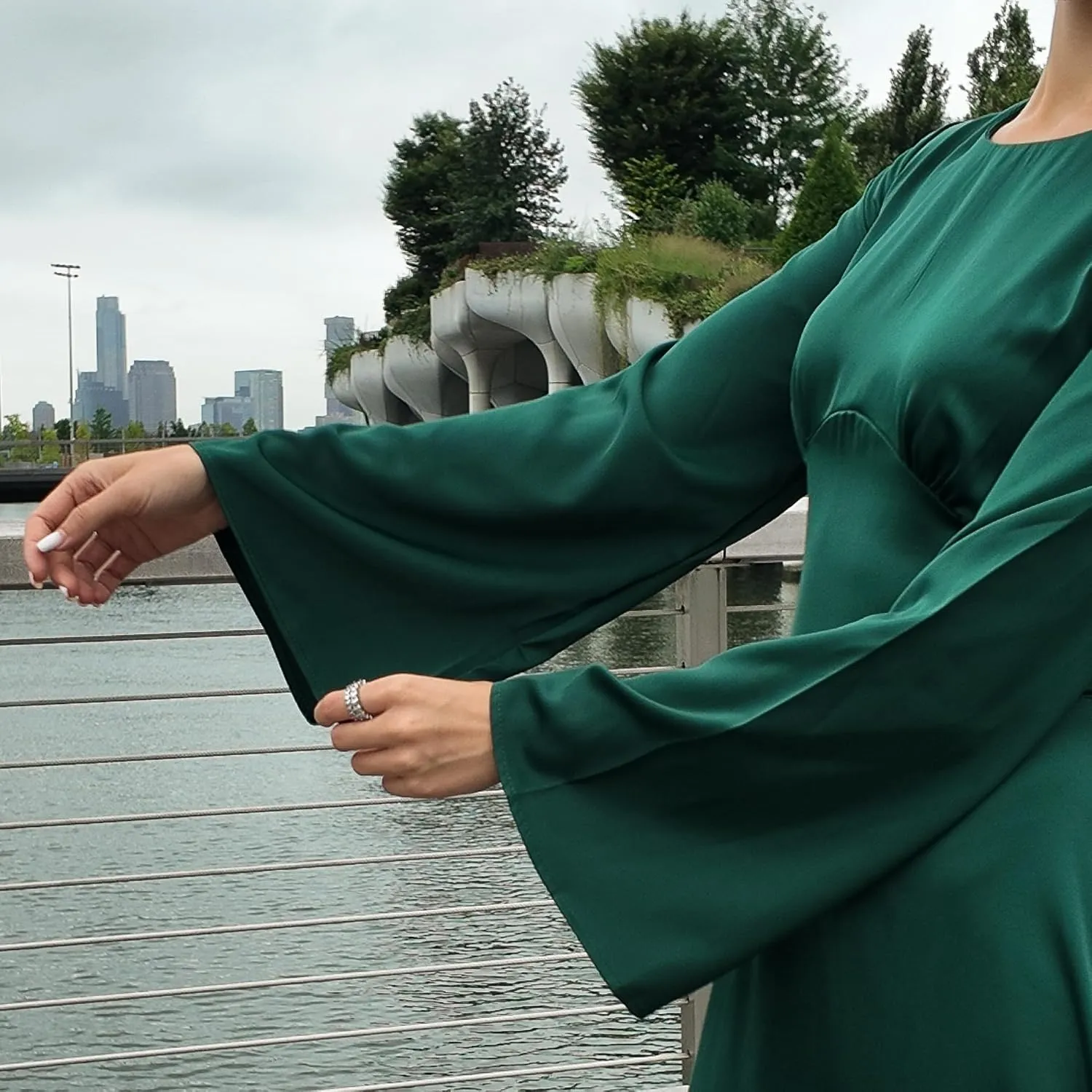 Modest Satin Maxi Dress for Women Long Sleeve Floor Length Evening Gown Hijab Friendly A-Line Empire Waist