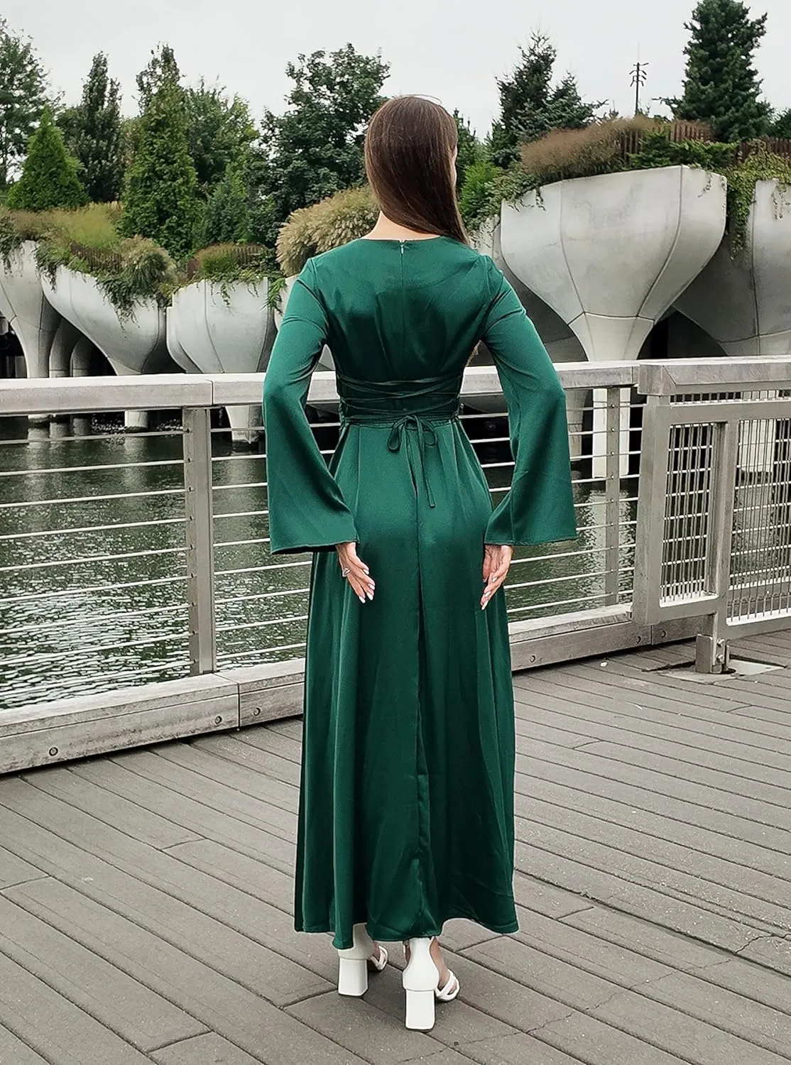 Modest Satin Maxi Dress for Women Long Sleeve Floor Length Evening Gown Hijab Friendly A-Line Empire Waist