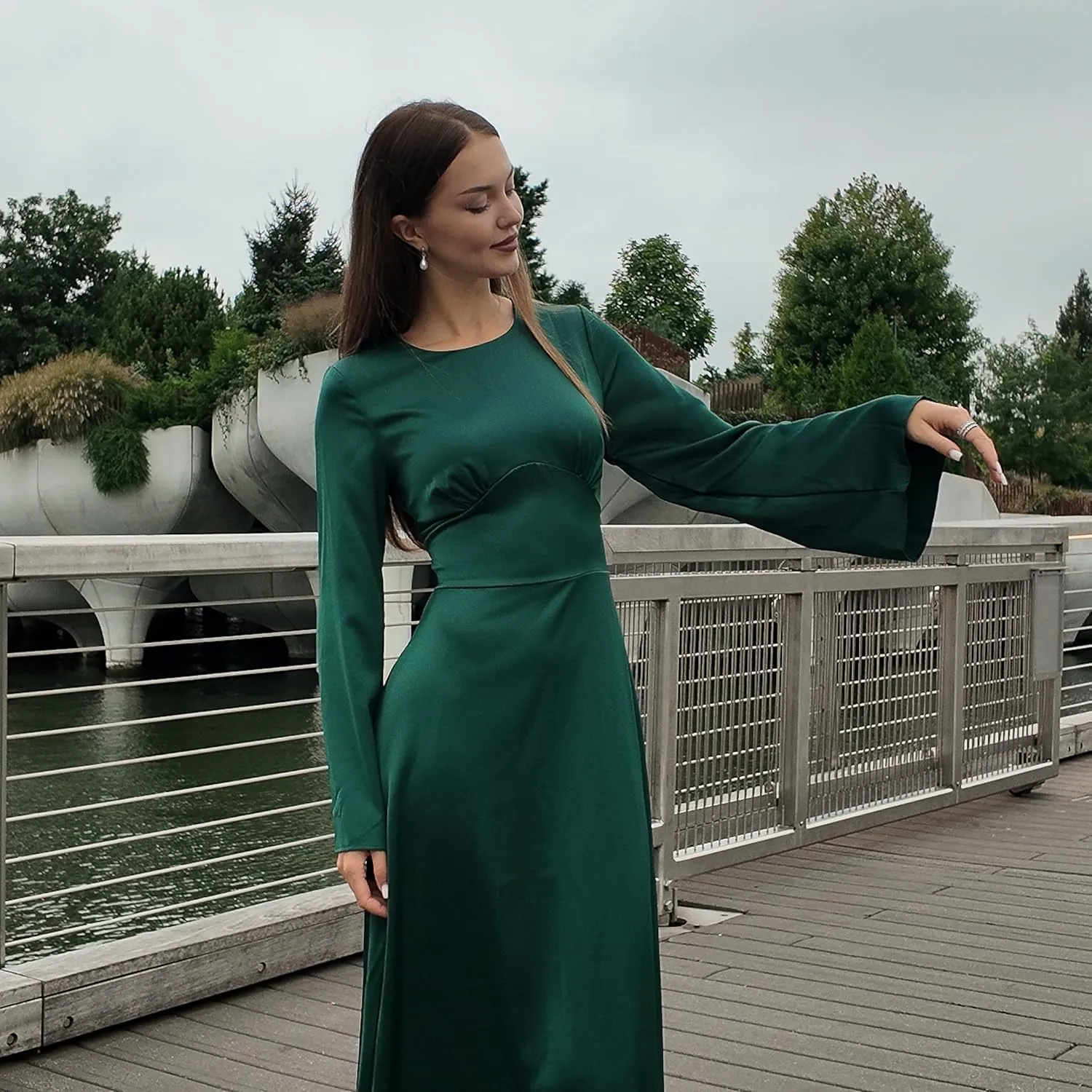 Modest Satin Maxi Dress for Women Long Sleeve Floor Length Evening Gown Hijab Friendly A-Line Empire Waist