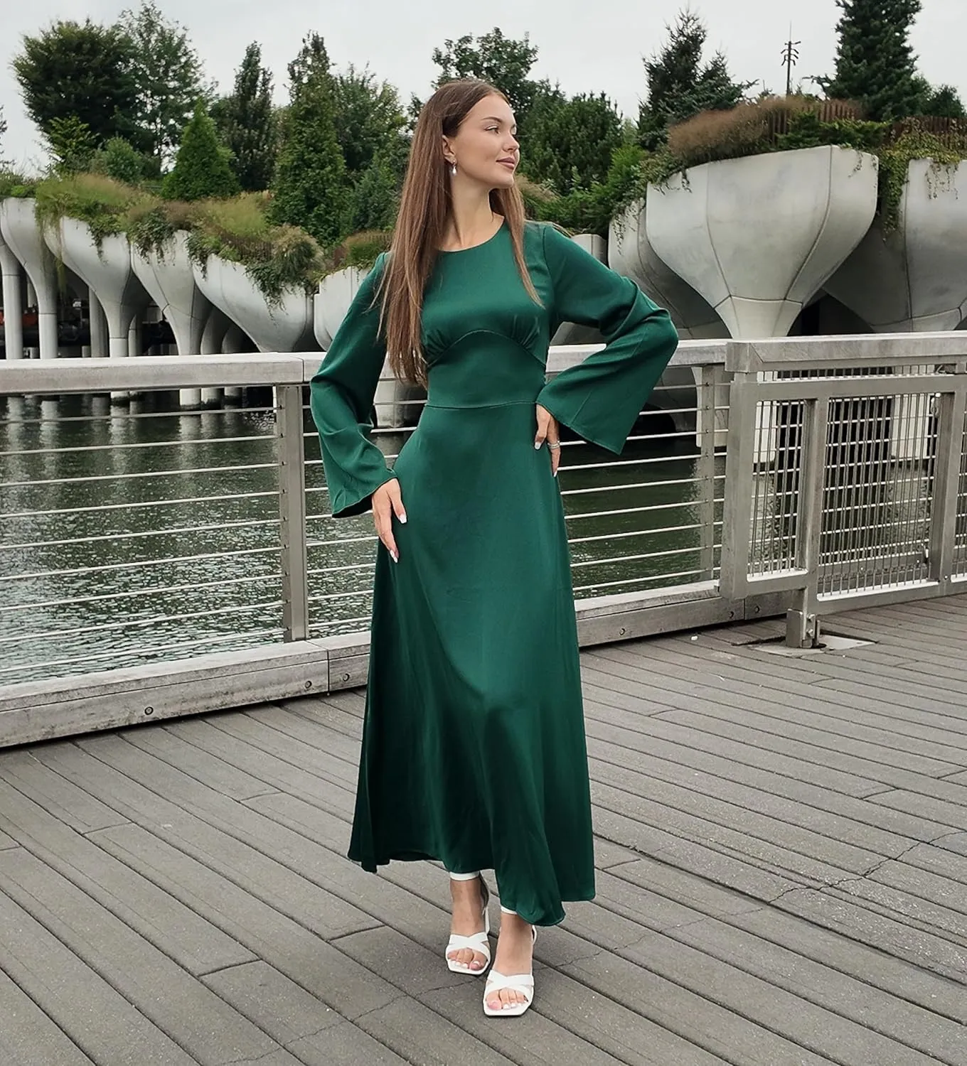 Modest Satin Maxi Dress for Women Long Sleeve Floor Length Evening Gown Hijab Friendly A-Line Empire Waist