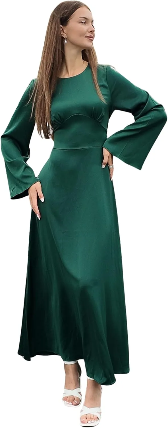 Modest Satin Maxi Dress for Women Long Sleeve Floor Length Evening Gown Hijab Friendly A-Line Empire Waist