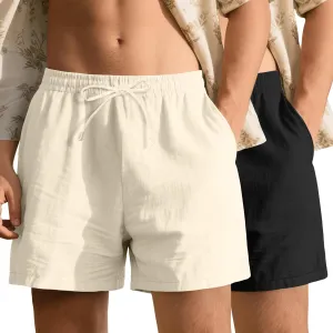 Neer 2 Pack Men's Linen Shorts Cotton L-5XL Big and Tall Regular Casual Lightweight Drawstring Summer Shorts with Pockets