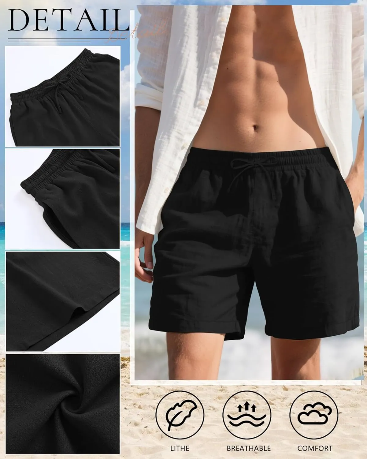 Neer 2 Pack Men's Linen Shorts Cotton L-5XL Big and Tall Regular Casual Lightweight Drawstring Summer Shorts with Pockets