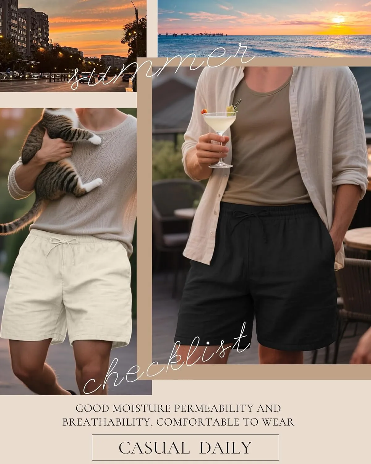 Neer 2 Pack Men's Linen Shorts Cotton L-5XL Big and Tall Regular Casual Lightweight Drawstring Summer Shorts with Pockets