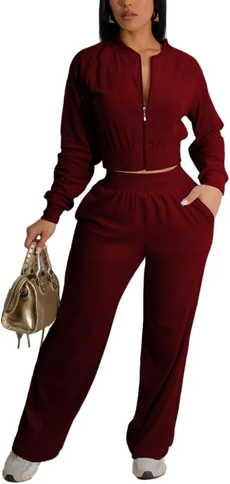 Nimsruc 2 Piece Outfits Velour Tracksuit For Women Zip Up Short Style Velvet Jogger Sweatsuit Matching Sets For Women