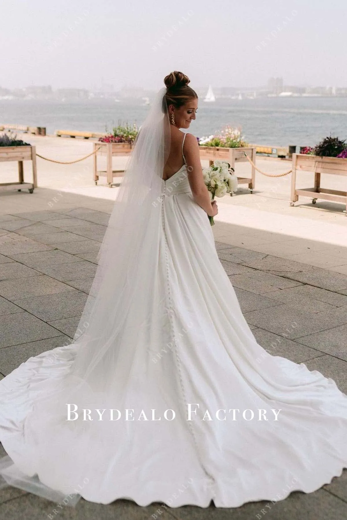 Open V Back Long Train Thin Straps Beach Wedding Dress