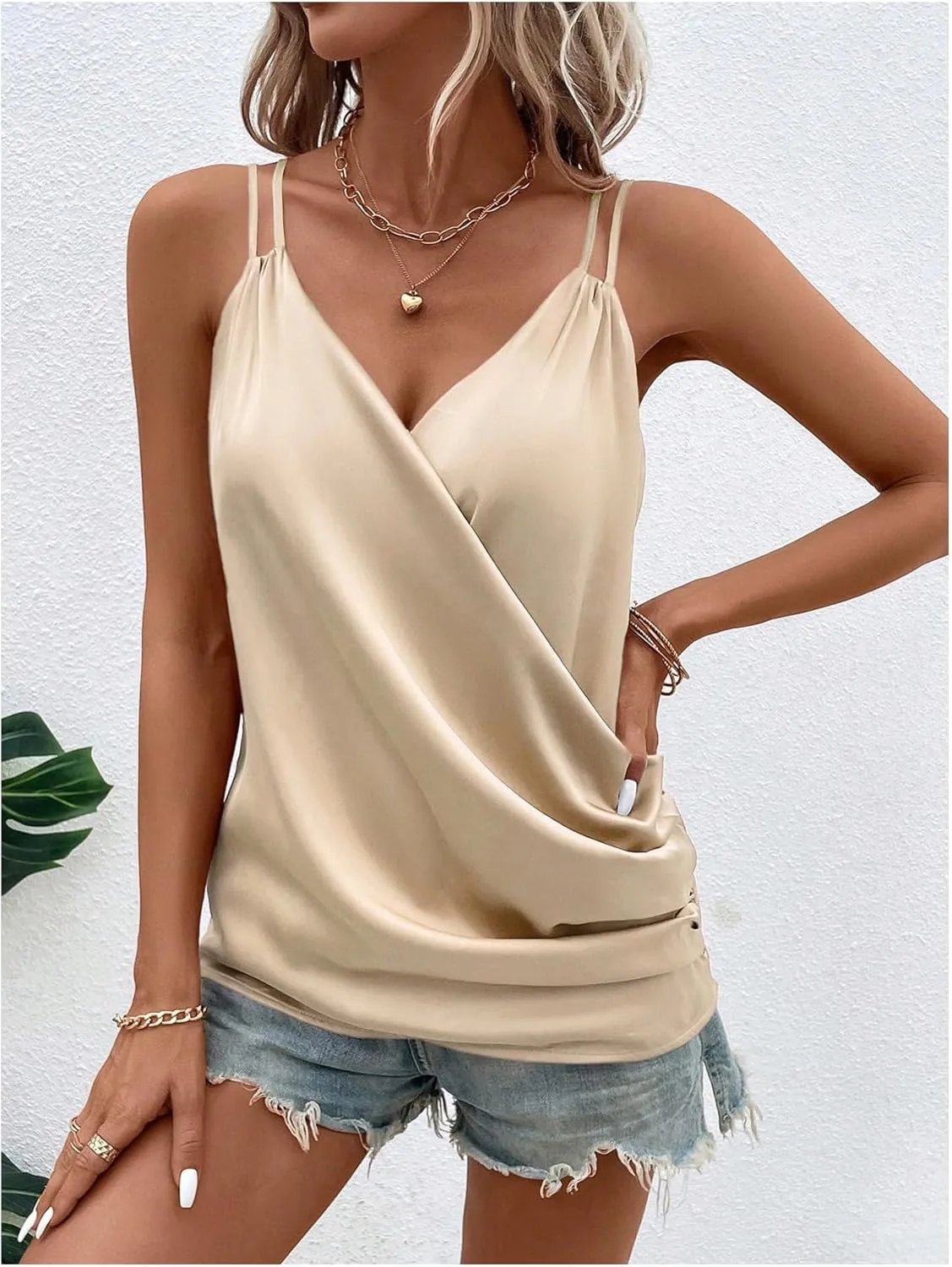 OYOANGLE Women's Satin Wrap V Neck Camis Sleeveless Elegant Tank Tops Blouses Camisole