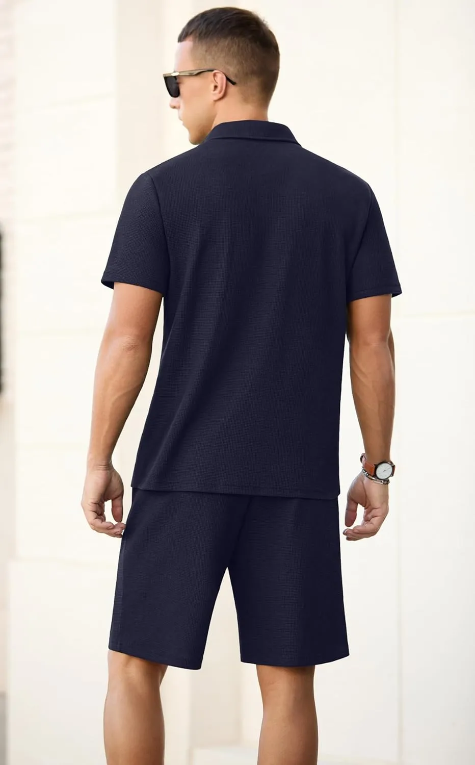 PrinStory Men's Summer Outfits Waffle Knit Polo Shirt and Shorts Set 2 Pieces Casual Tracksuit with Pockets